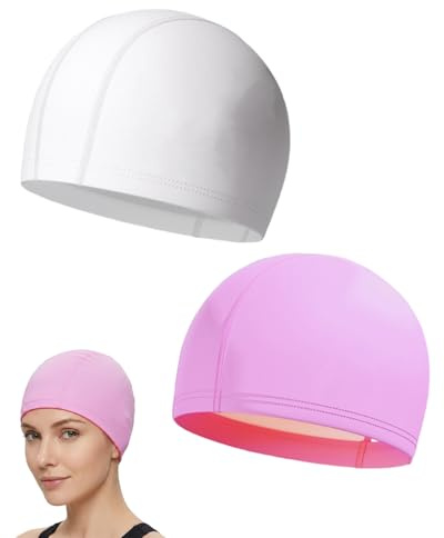 Luxorium 2 pcs gorro piscina mujer hombre adulto blanco y rosa gorro natacion suave PU elastico gorros piscina tela para pelo largo gorro baño ligero unisex