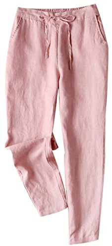 Tanming Linen Pants for Women Summer Casual High Waisted Drawstring White Beach Pant (Pink, M)