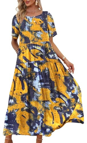 YESNO Women Short Sleeve Boho Summer Maxi Dress with Pockets 3XL EJF CR141