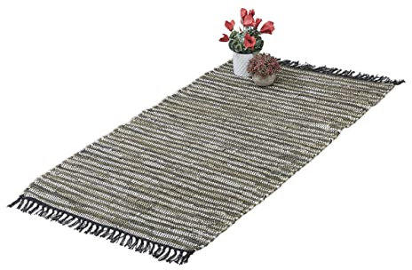 Relaxdays retales Alfombra de Pasillo con Flecos, 70 x 140 cm, Algodón y Cuero, Antideslizante, Retazos, Verde, Piel auténtica