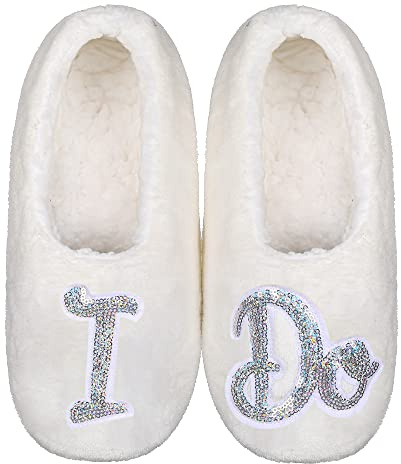 ZYZX Zapatillas de boda para mujer/zapatillas de casa de suela blanda con brillo metálico brillante de lentejuelas blancas difusas/Regalo de dama de honor de la novia(I DO)