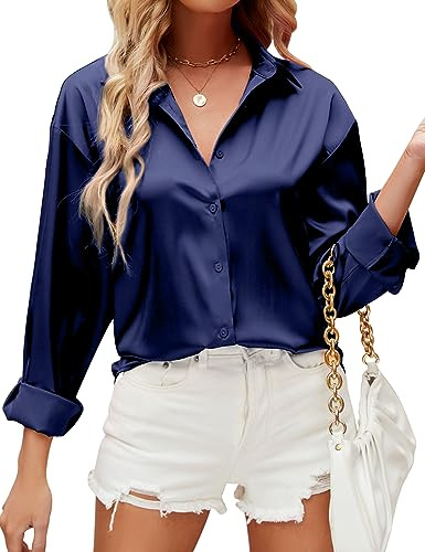 HANERDUN Blusas Mujer Elegantes Camisas Manga Larga Camiseta Raso Color Liso Top Fiesta Empresa Casual