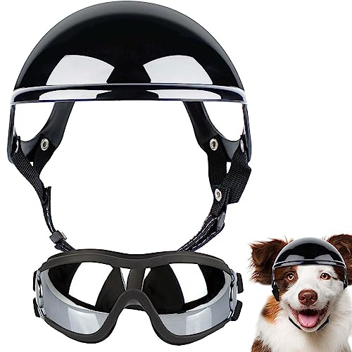 Pratvider 2 Dog Sunglasses and Pet Helmet Set with Dog Goggles, Pet Safety Cap with Adjustable Strap for Motorcycle Riding, Walking Head Gear for Small Medium Large Dogs