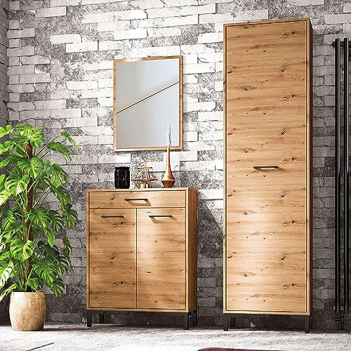 Lomadox Gardeoben-Set 3-teilig mit Garderobenschrank und Spiegel | Moderne Flurgarderobe in Artisan Eiche Nb.