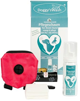 maxxiclean world Doggy’s Wash Set - Pfotenschaum 50ml für Hunde + Hundekotbeutel, Papiertücher & Kotbeuteltasche - Sanfte Reinigung von Pfoten & After - Dermatologisch getestet - Mit Aloe Vera