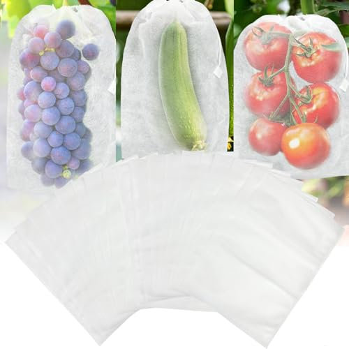 TZEKING 100 Pièces Sac Protection Fruits,20x30cm Non Tissé Sachet Protection Raisin,Jardin Plant Fruits Protection Sac avec Cordon,Jardin Protéger Sacs,pour Potéger Les Grappes Frelons Et des Oiseaux