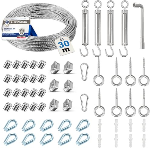 Angooni 58 st stålvajersats 30 m 3 mm – 304 rostfritt stål vajer set | Förtjockad PVC-belagd – repspännare spänntråd – klättringshjälp klätterväxter – gardin rep tvättlina staket – komplett set