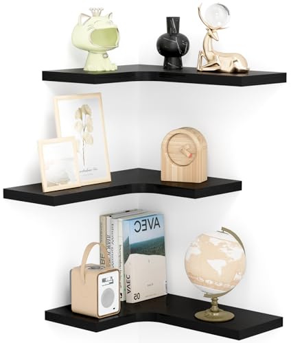 Suhu Mensole da Muro Mensola Angolari a Forma di L Mensole da Parete Legno Libreria da Parete Scaffale Angolare per Cucina Soggiorno Bagno Camera da Letto（Set Di 3） Nero