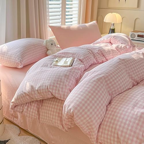 Koudi Kariet Biancheria da Letto 155x220 Rosa Bianco a Quadri Set di Biancheria da Letto per Ragazze Microfibra Biancheria da Letto Reversibile Set di Biancheria da Letto e Federa 80x80 con Cerniera