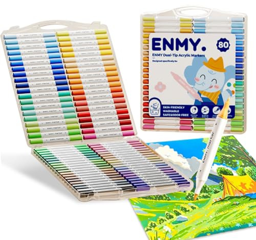 ENMY 80 Colores Plumone Acrílicos Doble Punta, Marcadores Creativos de Pintura Acrílica, Rotuladores Acrílico a Base de Agua, Punta Pincel, para madera, piedra, lienzo, vidrio, tela