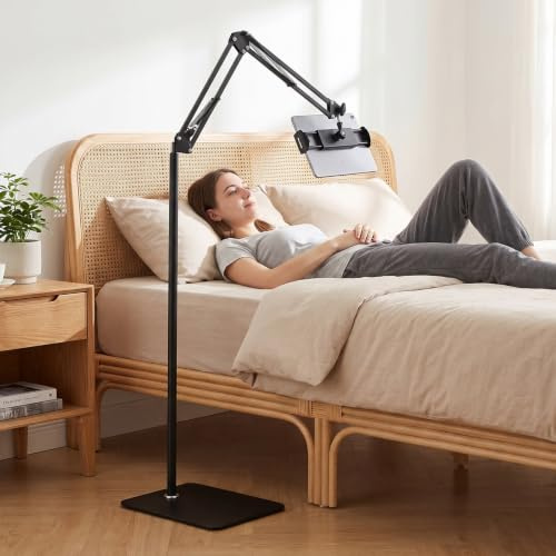 Focenat Soporte Tablet de Suelo, Soporte Tablet de Pie Ajustable, Soporte Tablet para Cama y Sofá, Brazo Articulado Flexible, Rotación 360°, Altura 80–135 cm, Pinza 12–25 cm para Móvil y Tablet
