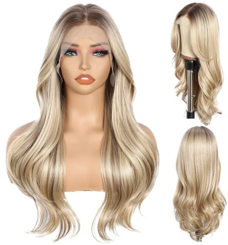 Sapphirewigs blond peruk spets front 33 x 4 syntetiska peruker stora vågor mix blond spets front hår förplockat daglig användning party dejt jul 50 cm