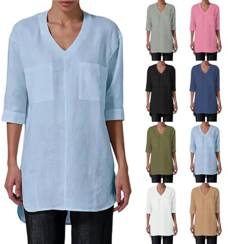 Chemise Femme Coton Lin Col V Manches Mi-Longues Ample Poches Été Chic | Chemisier avec poches, fonctionnel et léger; Blouse facile à associer. Haut idéal en ville, en balade ou sur une robe légère.