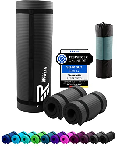 NBR Fitnessmatte Yogamatte 190 x 60 x 1.0 + 2 Fitness Pads 25 x 61 x 1,5 cm Grau Grey Sportmatte Gymnastikmatte Trainingsmatte rutschfest Matte Mat Sport Yoga Kniekissen Kniematte Gymnastik Tragegurt