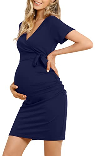 KOJOOIN Dam elegant mammaklänning V-ringad graviditetsklänning med veckad fodralklänning (återanvändbar förpackning), Mörkblå (kortärmad), M