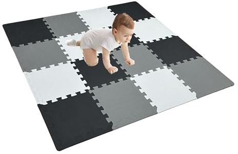 16 Pieces Foam Play Mat with Border, Interlocking Playmat Tiles, Foam Floor Mat Tiles, Puzzle Play Mats, Exercise Gym Mats – Color of Black & Grey & White