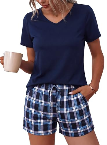 Bresdk Pijama Corto Mujer Algodón con Cuello de Pico y Manga Corta Verano | Punto de algodón elástico, cintura con cordón y bolsillos, para dormir y estar en casa