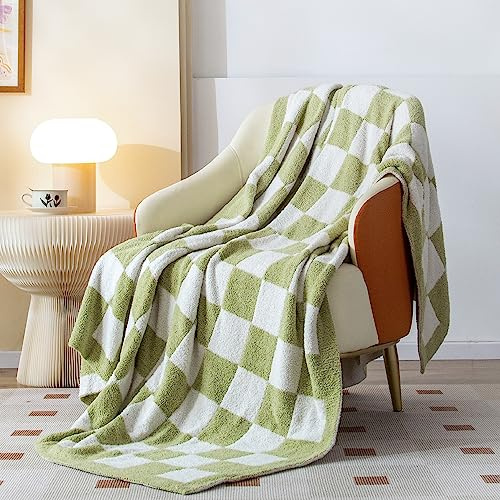SeaRoomy Checkered Blanket, Ultra Soft Knitted Blanket Queen Size, Warm Cozy Fluffy Microfiber Reversible Checkerboard Bed Throw for All Seasons Sage Green Decor(Sage Green, 90×90)