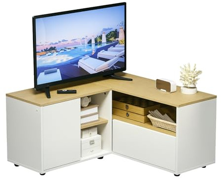 HOMCOM Meuble TV d'angle Banc télévision jusqu'à 40 Pouces avec rangements Aspect Bois Clair et Blanc