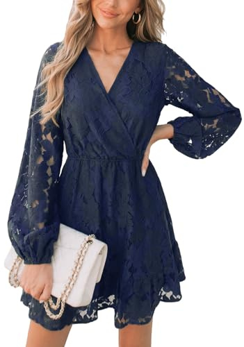 CUPSHE Women Elegant V Neck Lace Peasant Sleeves High Waist A-Lined Wedding Mini Dress Blue, L