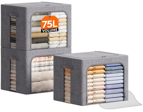 Lifewit 75L Aufbewahrungsbox mit Deckel, Kleidung Aufbewahrung, Faltbare Kleideraufbewahrung mit Metallrahmen, Stoffbox mit Griffen & Fenster, Aufbewahrung Kleiderschrank, 3er Set, Hellgrau