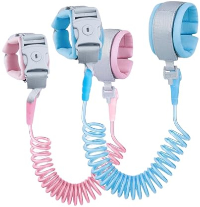 2 Pieces 2M Wrist Reins for Toddlers, Anti Lost Wrist Bands Children,Wrist Straps for Children,360° Rotatable Elastic Wire Rop, Children's Lead for Travel, Outdoor, Walking, Blue and Pink