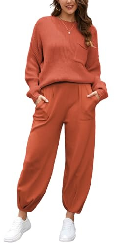 amropi Maglia da Tuta Donna 2 Pezzi Maglione a Maniche Lunghe e Pantaloni Jogging Completo Arancione, L