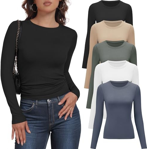 YOIOWVY Lot de 5 Tee Shirt Hauts Essentiels à Manches Longues pour Femmes Coupe ajustée Extensibles Col Ras du Cou t-Shirts Respirants à Superposer(S,Noir,Blanc,Nude,Vert,Bleu)