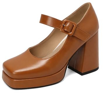 Zapatos de tacón alto para mujer, estilo retro, zapatos de tacón grueso con punta cuadrada, zapatos elegantes para ocasiones elegantes, marrón, 39 EU