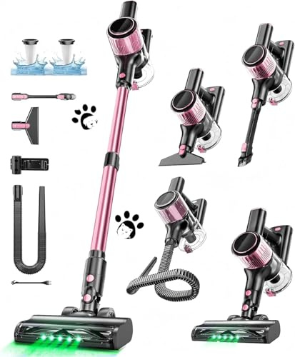 NYXAL Akku Staubsauger, 52KPA/500W/45Mins Staubsauger Kabellos mit LED Display, Ausziehbarer Schlauch, Anti Tangle Bürste, 5-stufiges Filtersystem Grünes Licht für Hartböden Teppiche Tierhaare, Rosa