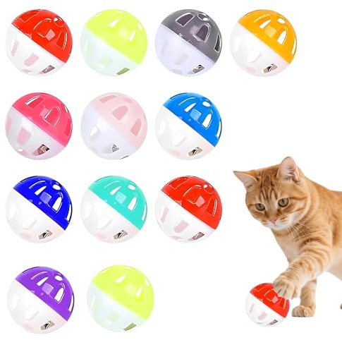 BOBITALK Pack of 12 Cat Toy Balls, Interactive Cat Toy Interactive with Bell and Rattle, Random Colours, Ideal as a Hunting Jumping Ball for Kittens and Adult Cats