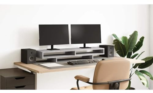 Kaloriko Monitorställ betonggrått av trämaterial 100 x 27 x 15 cm, PC-hållare med 2 fack, ergonomisk upphöjning för skrivbord, hemmakontor och gaming, platsbesparande med förvaringsyta