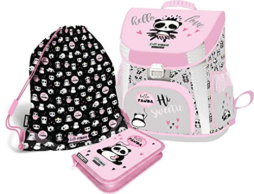 SCOOLSTAR Panda Schulranzen Mädchen 1 Klasse Tornister Schulrucksack Schultasche Set 3 teilig inkl. Federmäppchen Sportbeutel für Grundschule super leicht