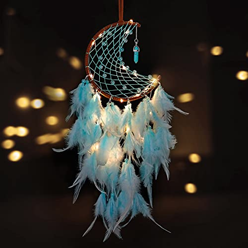 Dremisland Moon Dream Catcher with Fairy Lights-Handmade Feather Lucky Turquoise Pendant Beads Wall Hanging Ornament for Kids Bedroom Home Decoration,Art Craft Gift. (Sky Blue)