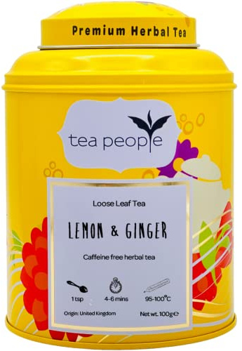 Tea People Lemon and Ginger - 100g caffeine free loose leaf herbal tea in a tin caddy