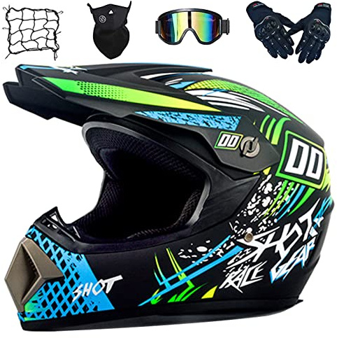Casque Moto Cross Enfant Set, Casque Moto Homme avec Gants/Lunettes/Masques/Filet de Casque, Casques Motocross pour BMX MTB Quad Bike Enduro ATV - ECE/DOT Homologué, S-XL (52-59cm)