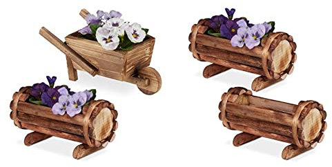 Relaxdays Vasi in Legno, Set 2 Contenitori Carriola & Mezza Botte Portafiori, Rustico, Fioriera Giardinaggio, Naturale & Vasi in Corteccia, Set 2 Portavasi in Legno dall’Effetto Bruciato