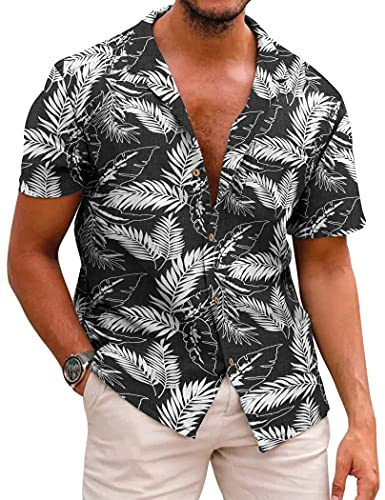 COOFANDY Hawaiianska blommiga skjortor för män bomull linne button down tropisk semester strandskjortor, C- Palmblad, 3XL