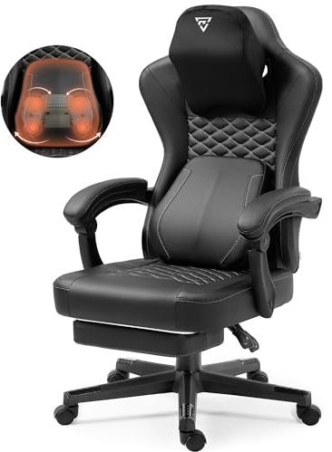 Vigosit Sedia da gioco con massaggio riscaldato, supporto lombare, ergonomica, per computer, con cuscino a molle insacchettate e poggiapiedi, Recliner High Back PC Sedia per adulti, nero