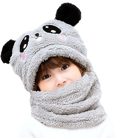 MK MATT KEELY 2 in 1 Kids Hat Hooded Scarf Set Boys Girls Cartoon Panda Winter Plush Hoodie Earflap Beanie for Baby Toddlers,Grey,9-14 Years