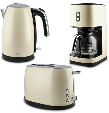 KHG Retro Frühstücksset | Toaster 2 Scheiben mit Brötchenaufsatz, 7 Bräunungsstufen 800W | Wasserkocher 1,7 Liter mit Abschaltautomatik 2200W | 2-teilig Creme