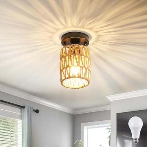 E27 Retro Deckenleuchte Rattan Deckenlampe mit Gewebtem Lampenschirm Industrielle Deckenleuchten Boho Pendelleuchten Rustikal Käfig Deckenlampen für Wohnzimmer Schalfzimmer Küche Balkon Flur