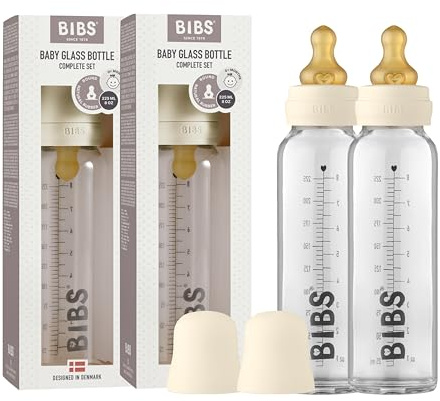BIBS Baby Glass Bottle 2-Pack 225ml. Anti-Colic. Vented Round Natural Rubber Latex Teat. Supports Natural Breastfeeding, Complete Set - 225 ml (Pack of 2), Ivory