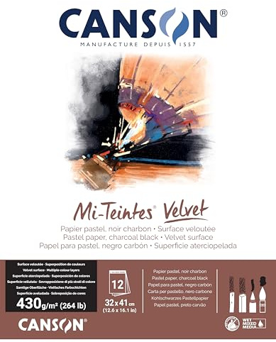 Canson Mi-Teintes Velvet Drawing Paper Pad, Charcoal Black, Glue Binding, (260lb/430g), 12 Sheet, 12.6x16.1 inch, 1 Count