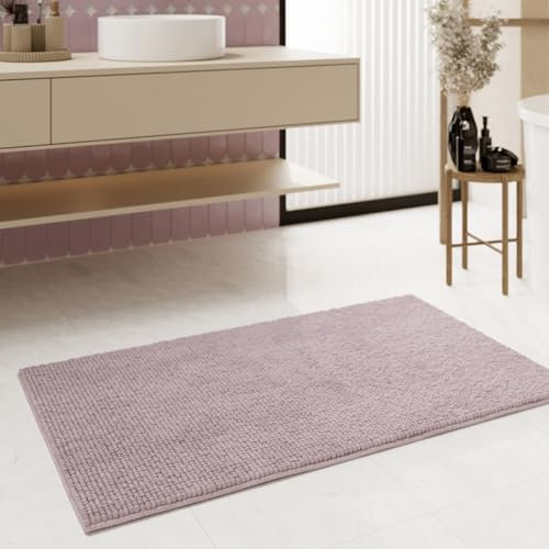 Moderner Chenille Badteppich von WECONhome Basics - rutschfest, Waschbar, Saugfähig - Stilvoll für jedes Badezimmer – Balu (70 x 120 cm, Flieder rosa)