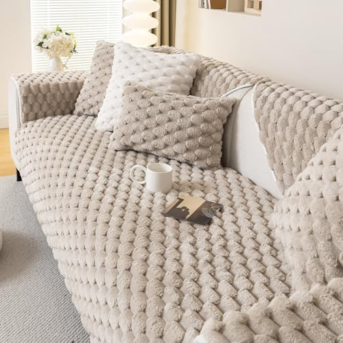 Flannel Couch Cover Washable, Non Slip Sofa Cover for 3 Seater(90x180cm) | Fuzzy Sofa Protectors from Pets, Plush Warm Sectional Sofa Covers, Corner Sofa Slipcovers, Settee Cover for dog(Beige)