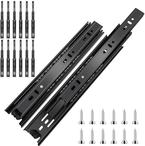 16 inch Ball Bearing Drawer Slides 6 Pairs (12pcs) - 100LB Capacity, Full Extension Side Mount Slides for Kitchen Cabinets, Wardrobes, Office Furniture (Black 16inch)