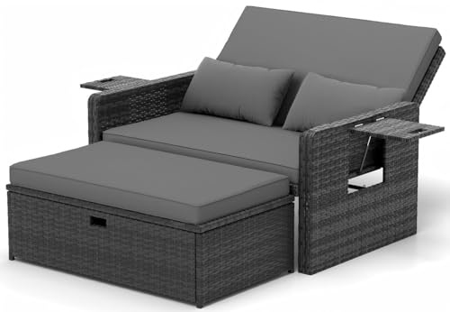 UDPATIO Rotting lounge möbler utomhus, lounge balkongmöbler trädgårdssoffa med pall, rotting soffa med förvaringsutrymme, justerbar 2-sitsig trädgårdssäng för terrass, balkong, trädgård, gråmelerad