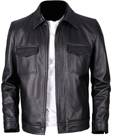 Giacche da uomo in pelle vintage con colletto a camicia classica giacche in pelle sintetica giacca da moto, Nero 2, XXL