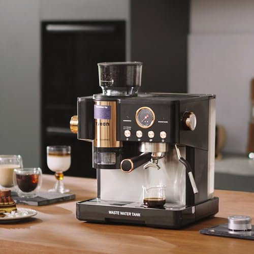 Tjean Barista Senso Doppelboiler Siebträgermaschine mit Mahlwerk und Manuellem Milchschäumer,3-in-1 Dampf-Espressomaschinen,20 Bar ital. Drucksystem,2,8L Wassertank,15 Mahlgradeinstellungen,2300W